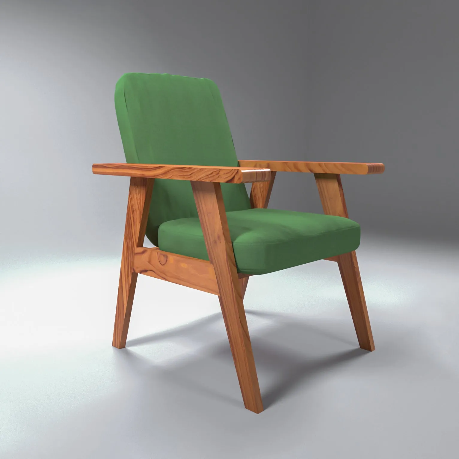 Green Upholstered Natural Teak Polish Arm Chair
