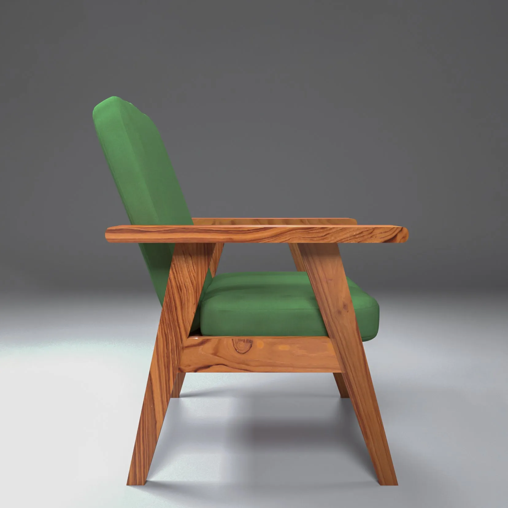 Green Upholstered Natural Teak Polish Arm Chair