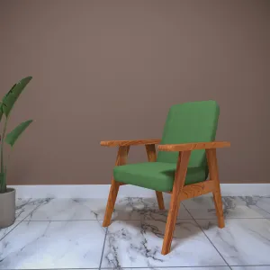 Green Upholstered Natural Teak Polish Arm Chair