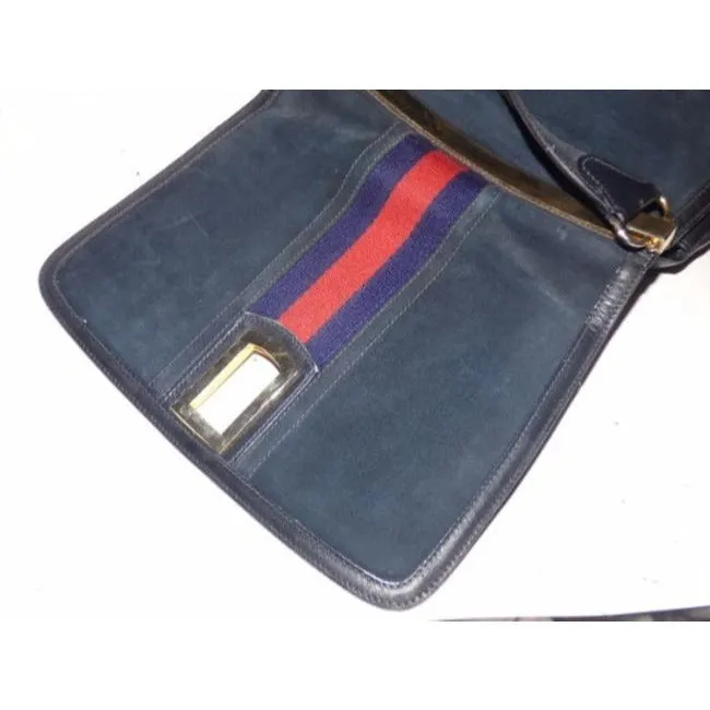 Gucci Vintage Pursesdesigner Purses Blue Suedeleather Trim With Wide Redblue Stripe Suedeleather Sho