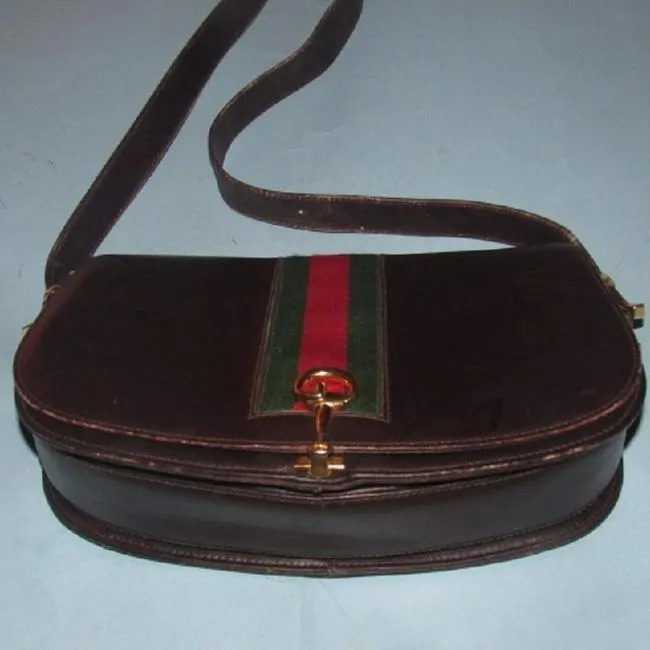 Gucci Vintage Pursesdesigner Purses Supple Brown Leather With Redgreen Stripe And Equestrian Accents