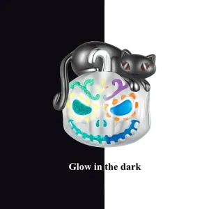 Halloween Pumpkin Beads Black Cat Charms (Sterling Silver)