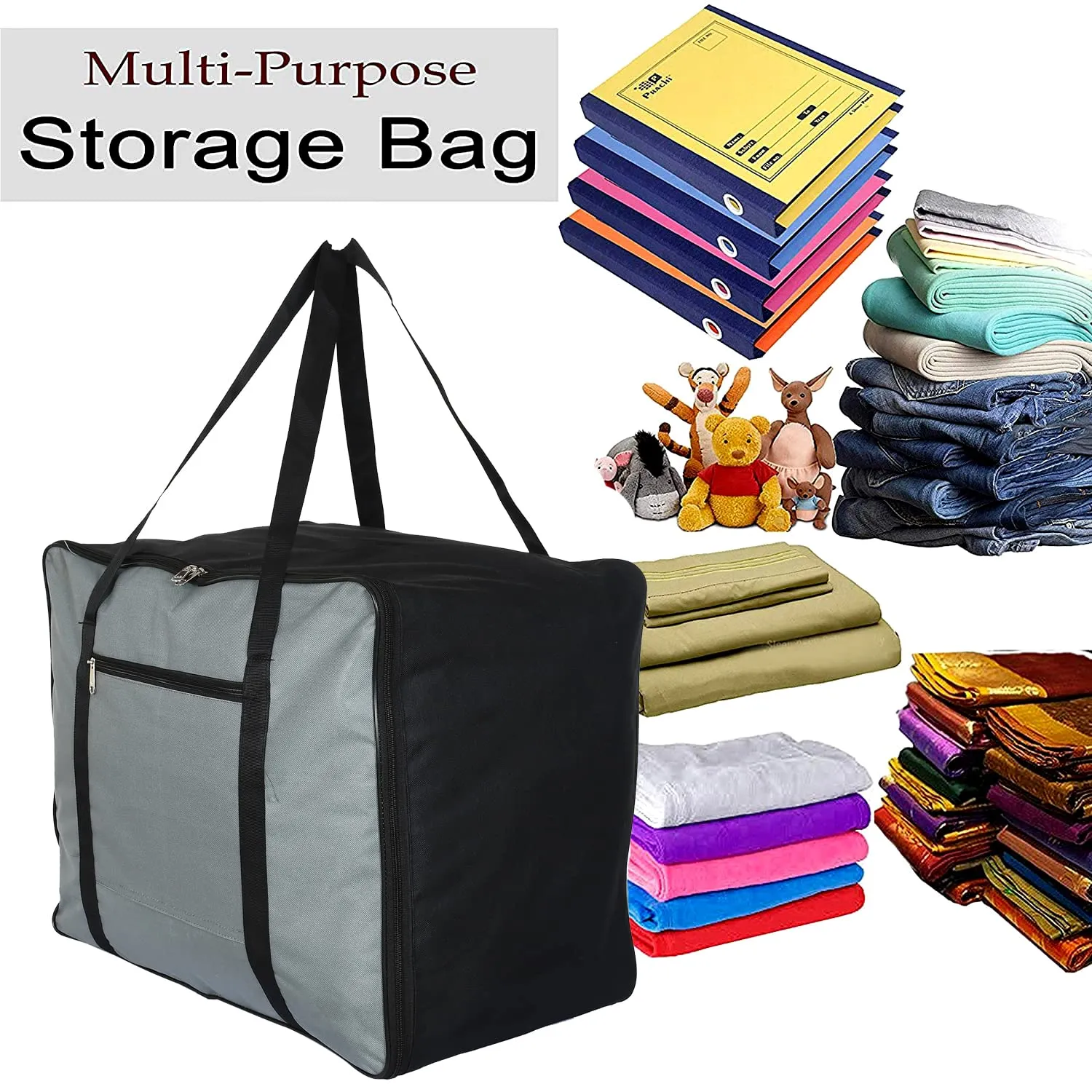 Heart Home Moisture Proof Wardrobe Organizer Storage Bag For Clothes With Zipper Closure and Handle (Grey & Black)-HS43HEARTH26661