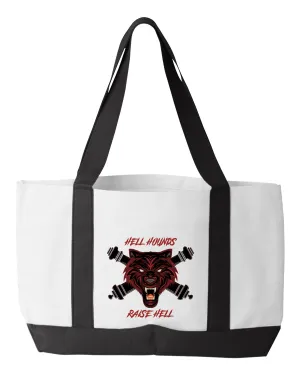 Hell Hounds Shopping Bag, 18.5"W x 12"H with 3.5" depth. White Polyester with Black Straps and Bottom.