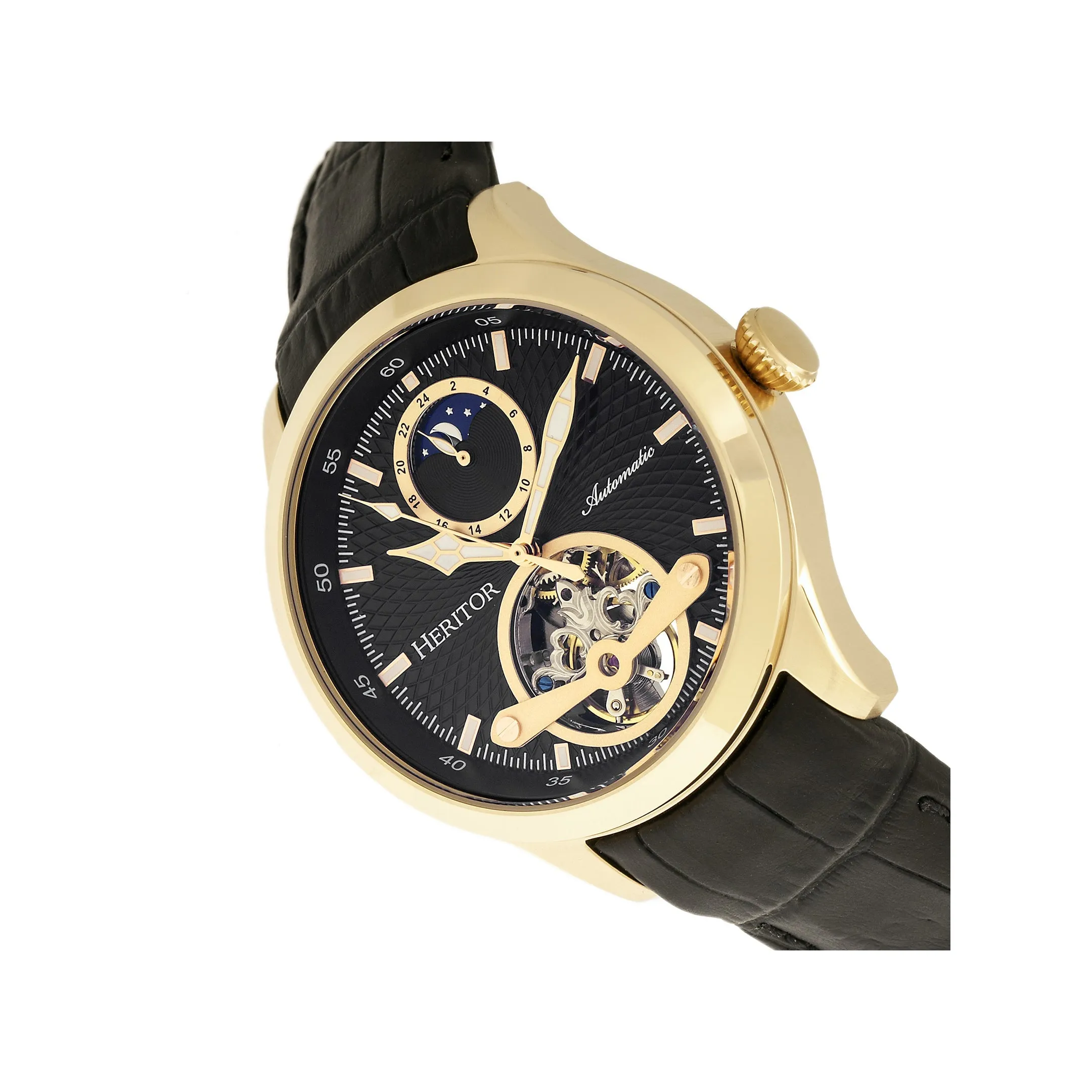 Heritor Automatic Gregory Semi-Skeleton Leather-Band Watch - Gold/Black