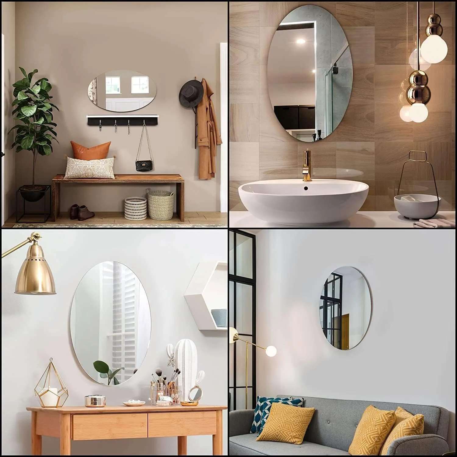 IRQA Oval Shape Adhesive Mirror Sticker for Wall on Tiles Bathroom Bedroom Living Room Basin Mirror Bathroom Wall Mirror Stickers Unbreakable Plastic Vanity Mirror, Makeup Mirror (Style_92