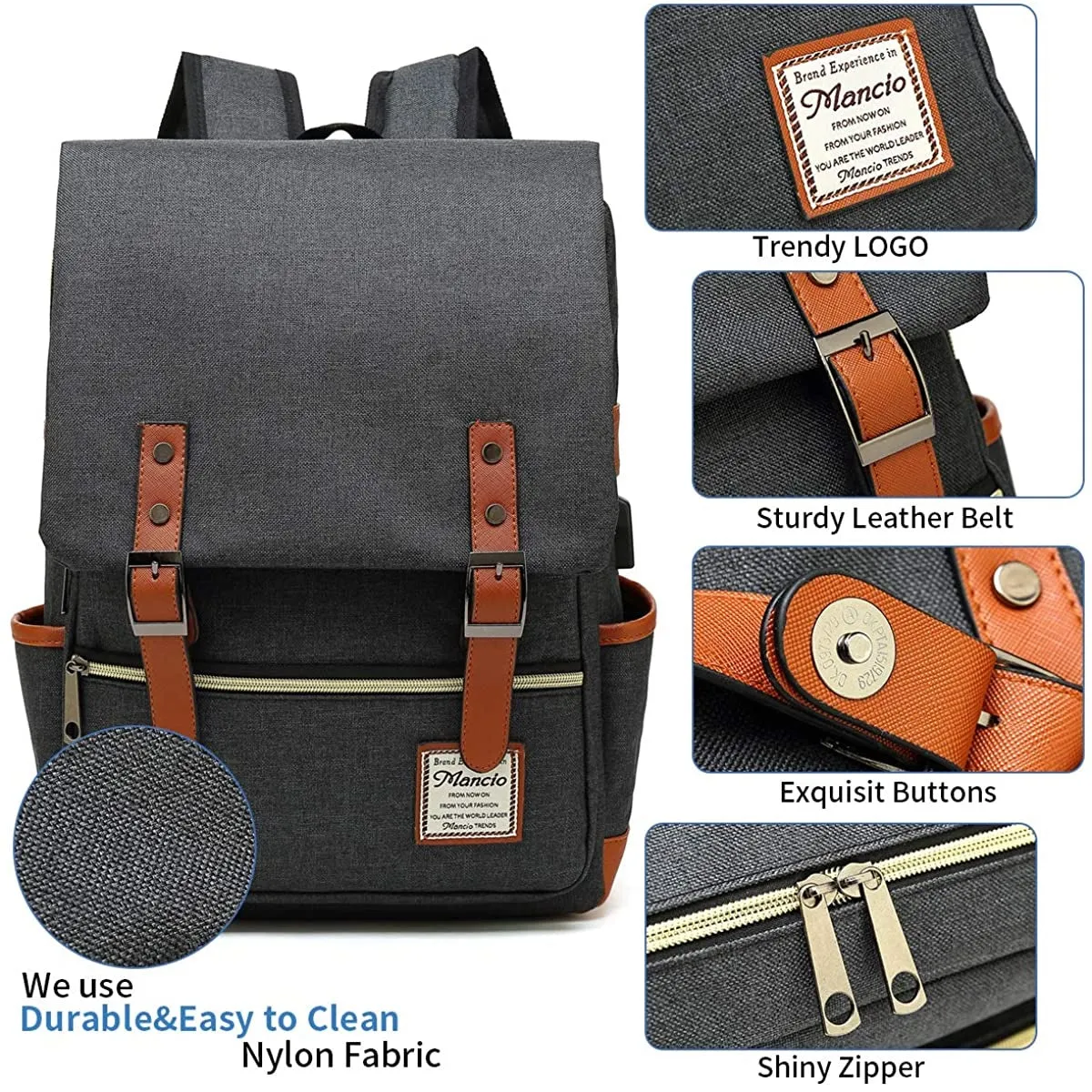 MANCIO Slim Vintage Laptop Backpack For women and men | Black