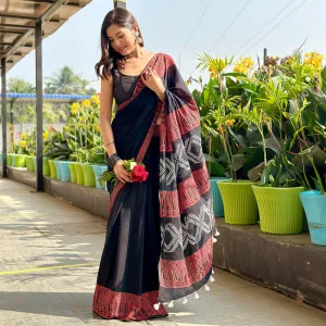 Mulmul Cotton Printed Saree With Blouse Fabric | Hand Block Print | Black