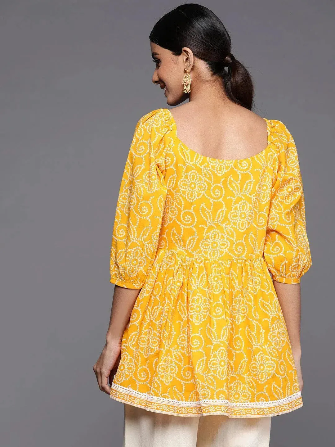 Mustard Printed Cotton A-Line Kurti