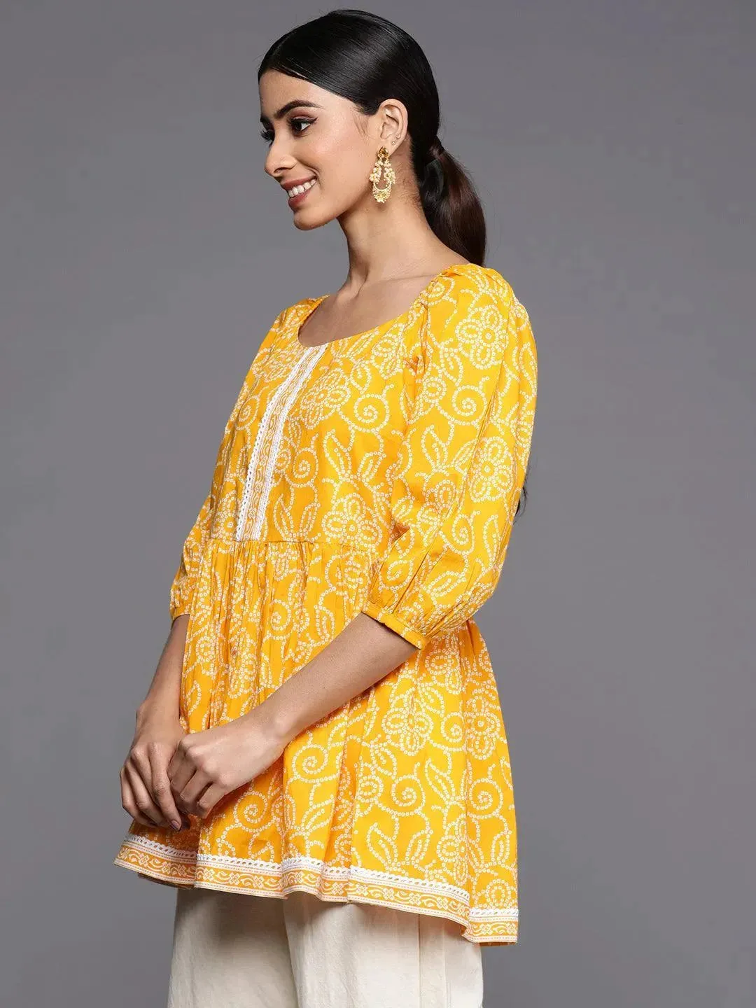 Mustard Printed Cotton A-Line Kurti