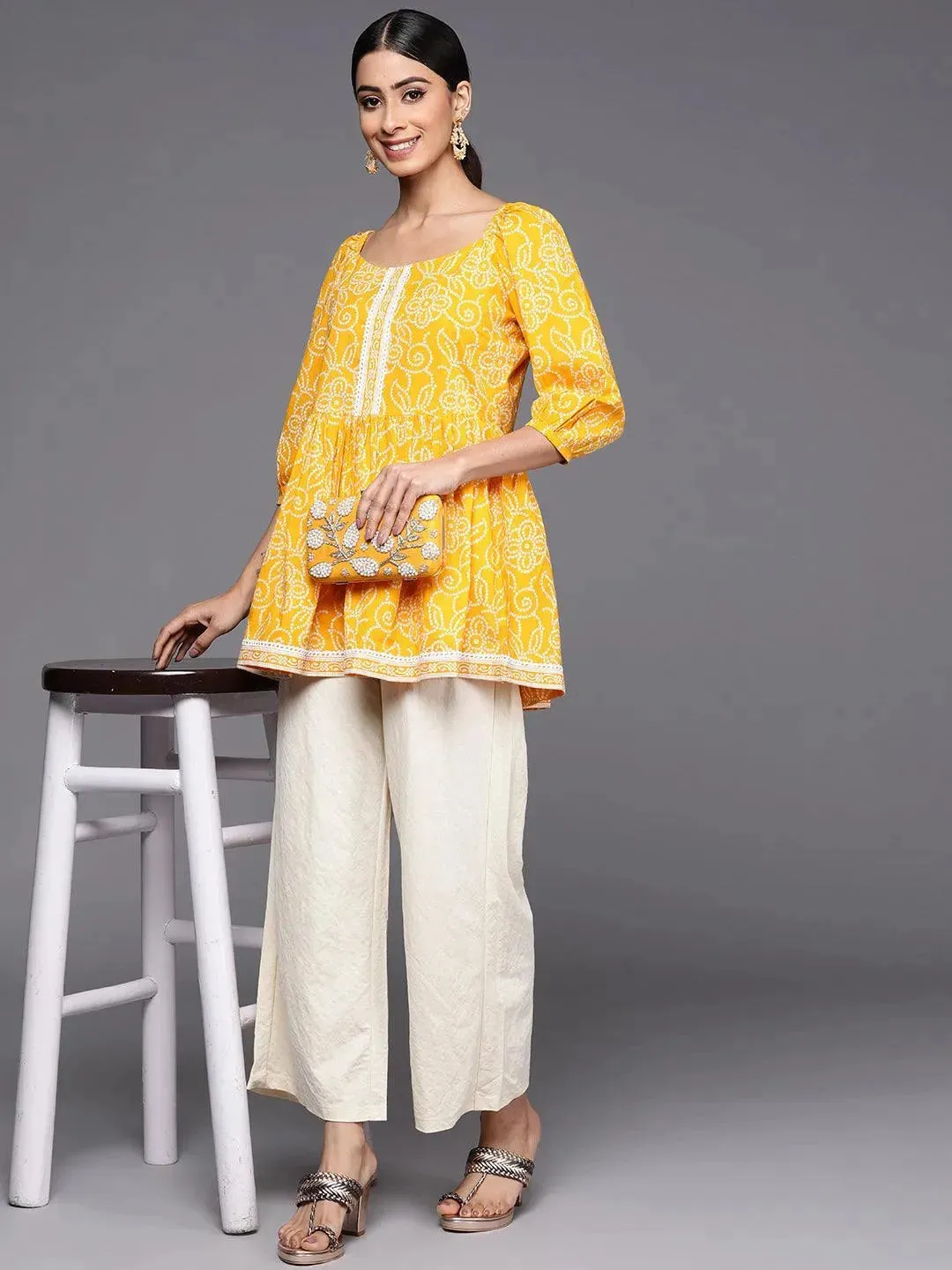 Mustard Printed Cotton A-Line Kurti