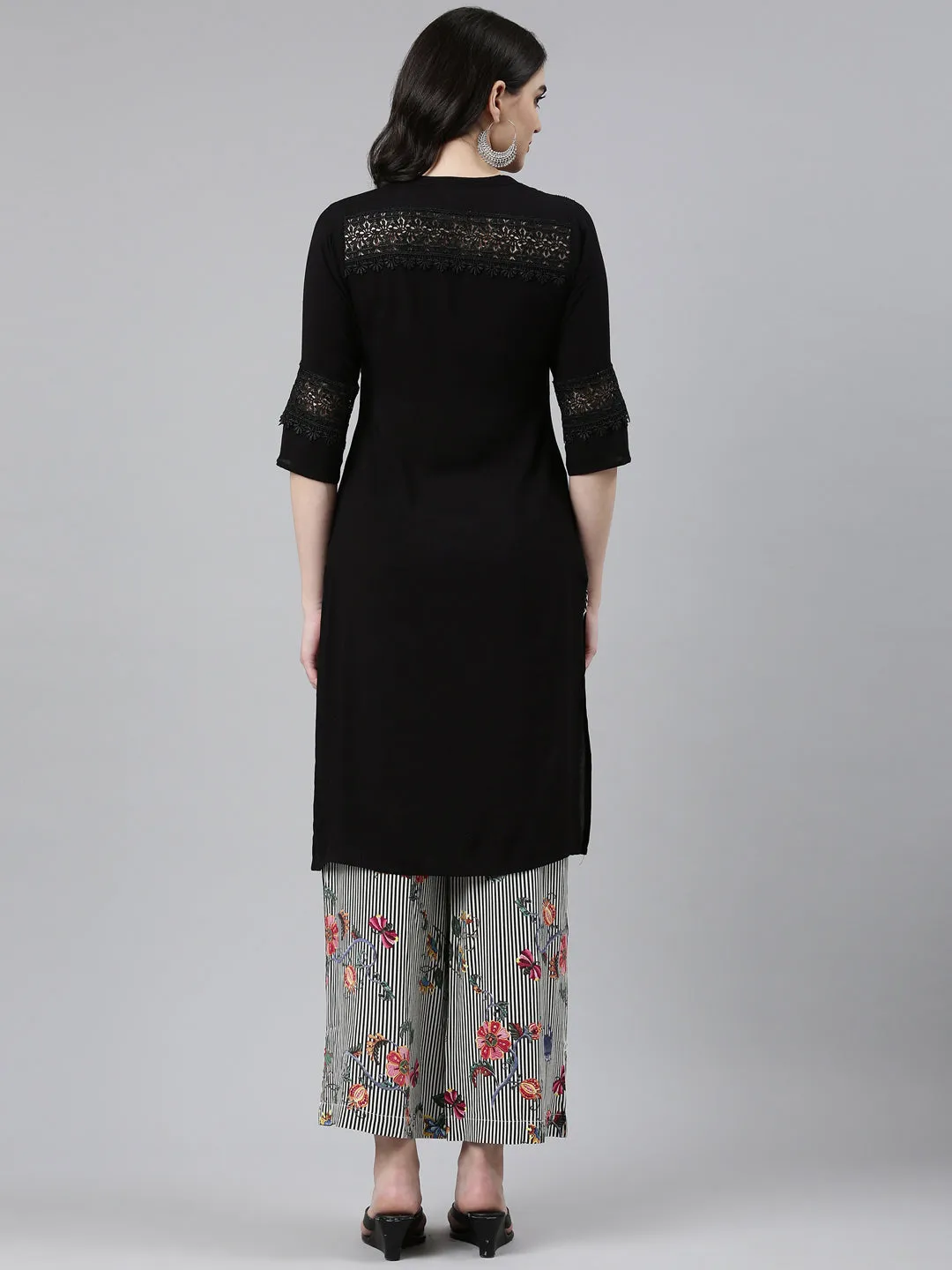Neeru's Black Regular Straight Solid Kurta And Palazzos