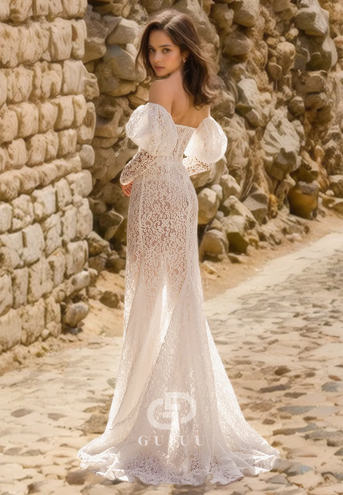 Off-Shoulder Lace Sheath Sweep Train Wedding Dress with Side Slit