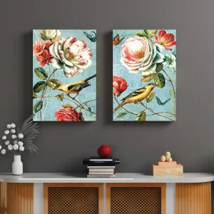Painting Mantra Stretched Canvas Painting Beautiful Flower Bird Retro Color For Living Room Decoration, Modern Colorful Aesthetic Home Decor (Set of 2, Size: 16x22 Inch)