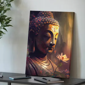 Painting Mantra Stretched On Frame Canvas Painting Lord Buddha With Flower Art For Living Room, Decorative Home & Wall Décor Abstract Art (Size: 16x22 Inch)