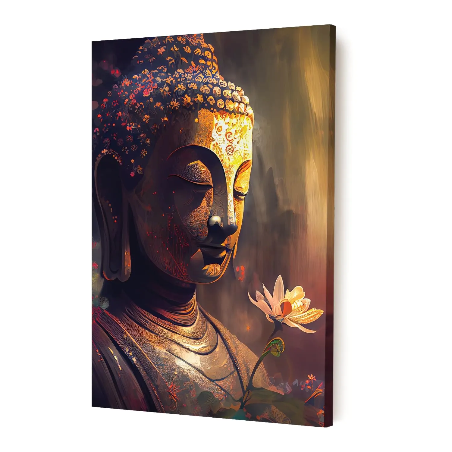 Painting Mantra Stretched On Frame Canvas Painting Lord Buddha With Flower Art For Living Room, Decorative Home & Wall Décor Abstract Art (Size: 16x22 Inch)