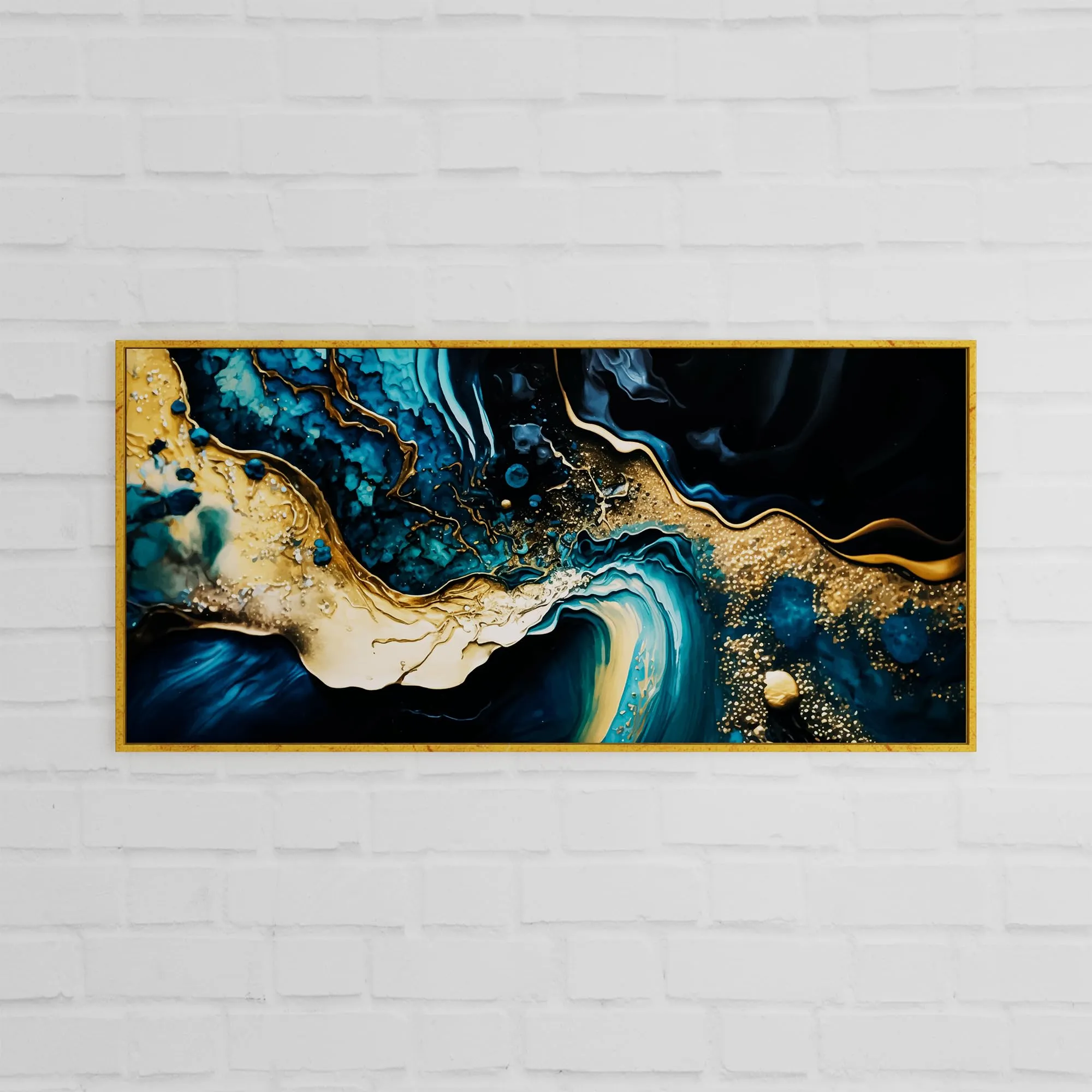 Painting Mantra Wood Abstract Green Marble Large Canvas Painting Panel Wall Art Print,Decorative Modern Framed Luxury Paintings For Home,Living Room,Hotel Bedroom And Office Décor (Gold,23X47 Inch)