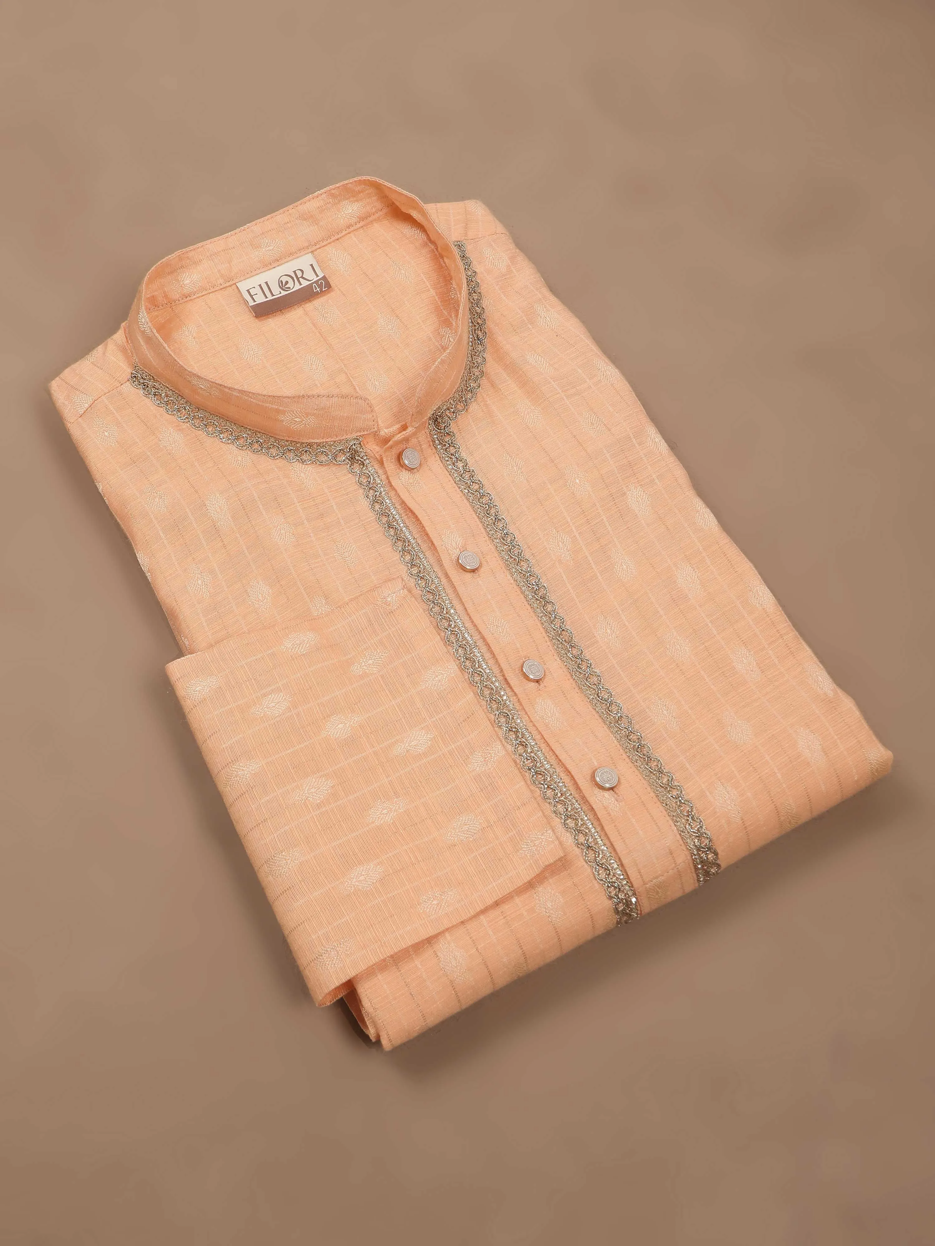 Peach Banarasi Chanderi Buta Long Kurta