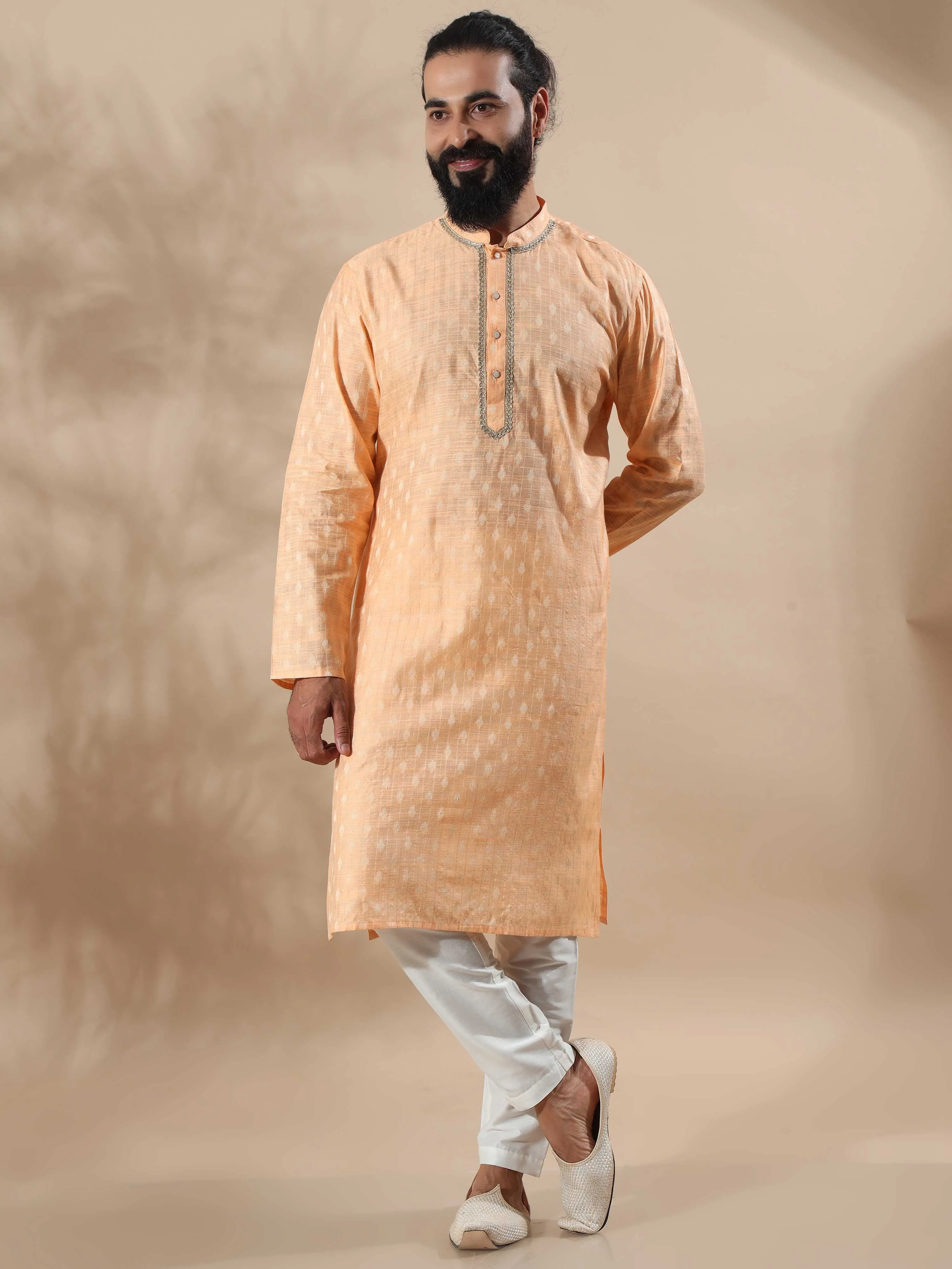 Peach Banarasi Chanderi Buta Long Kurta