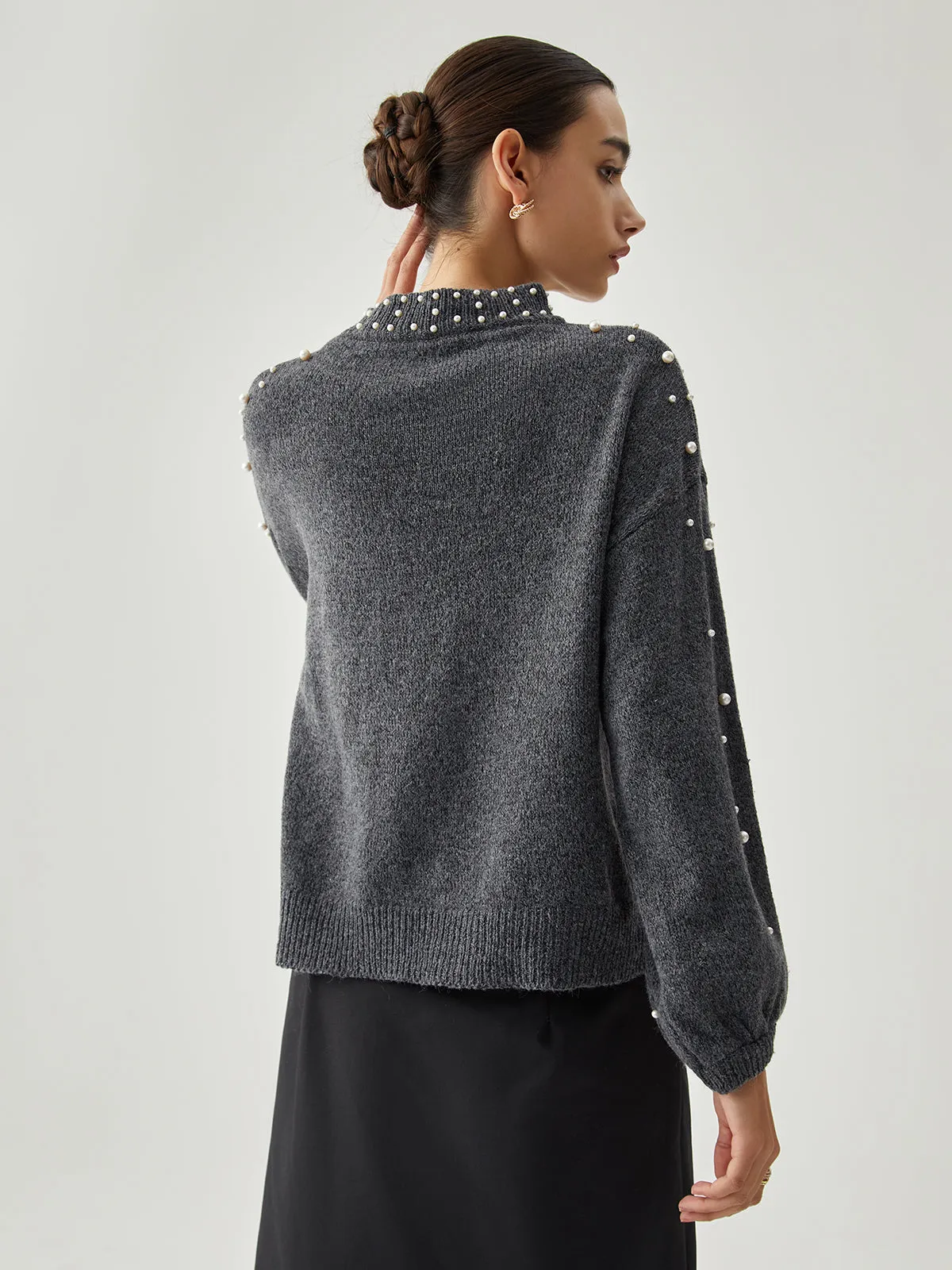 Pearl Embellished Graceful Mock Neck Sweater