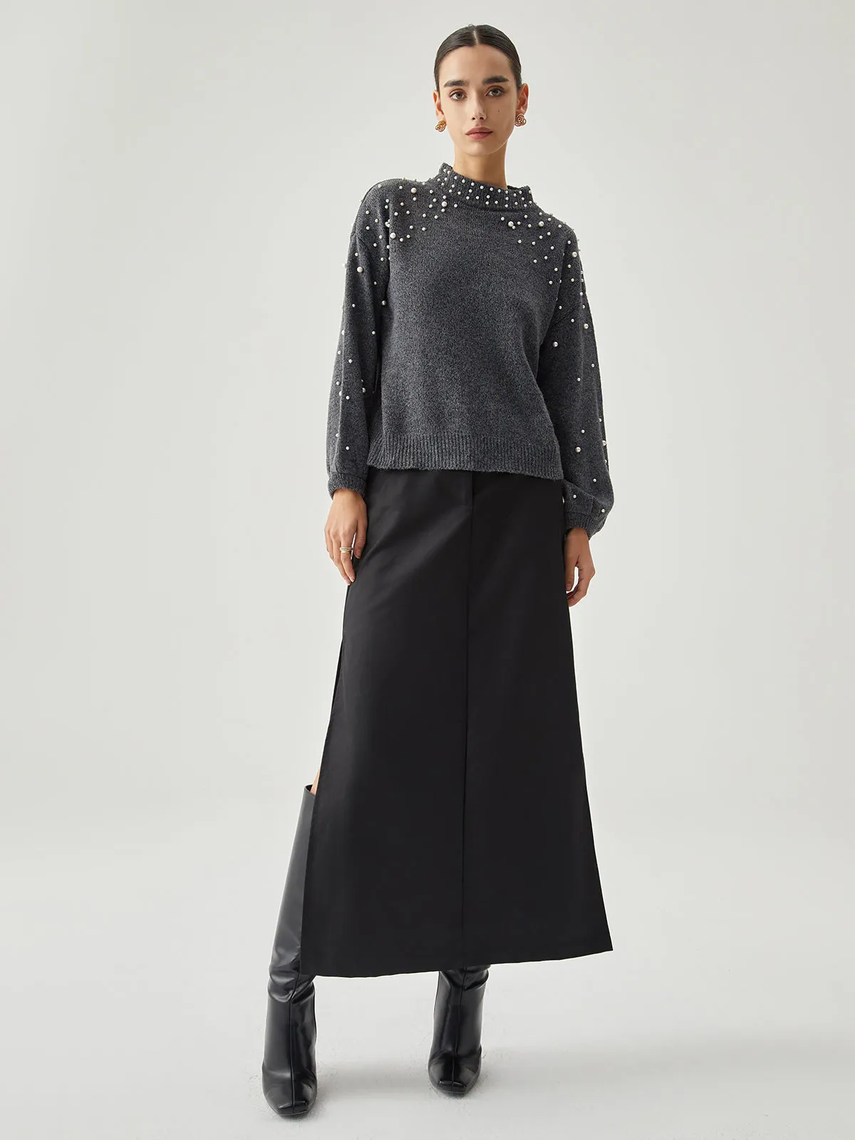 Pearl Embellished Graceful Mock Neck Sweater