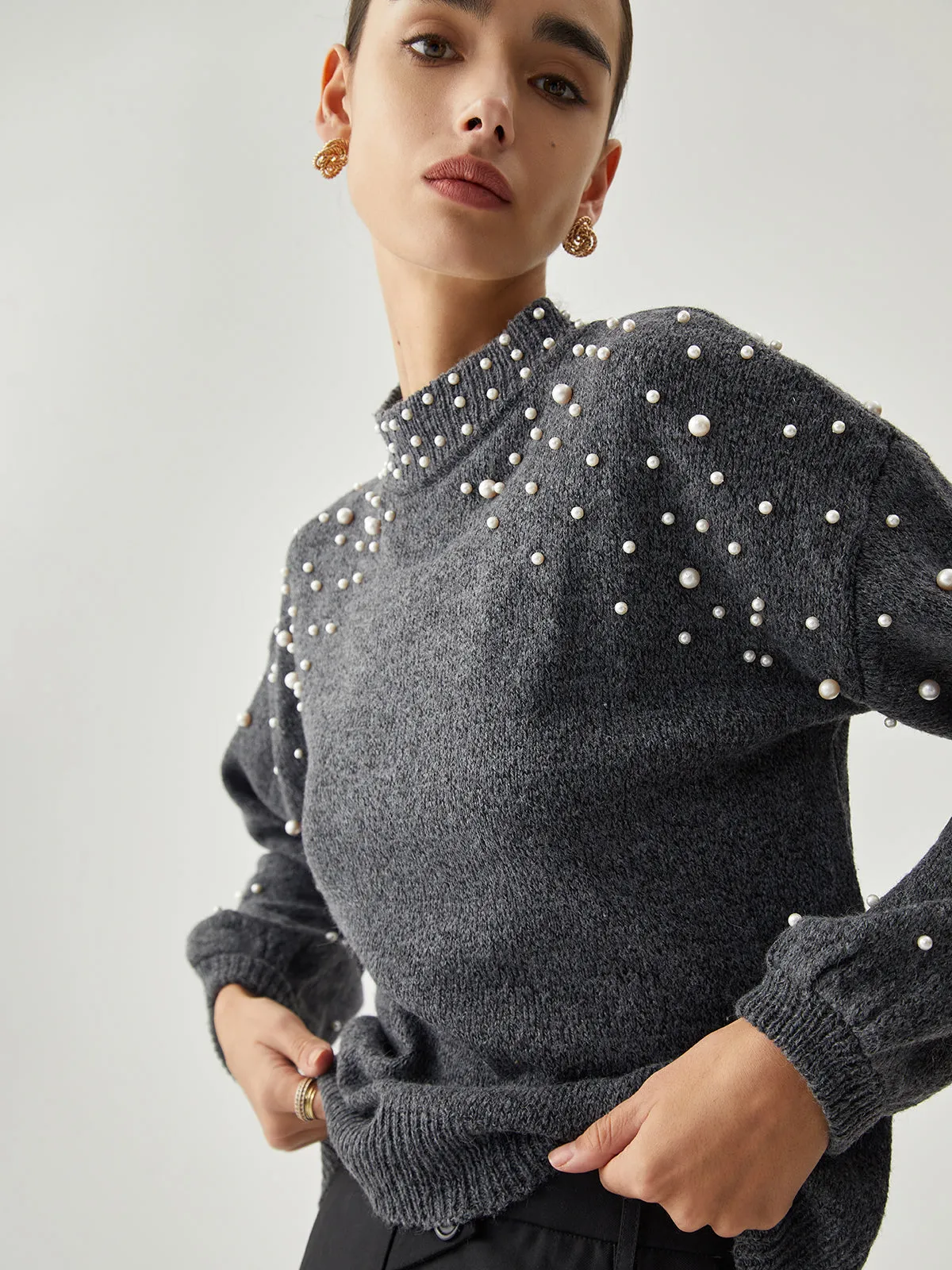 Pearl Embellished Graceful Mock Neck Sweater
