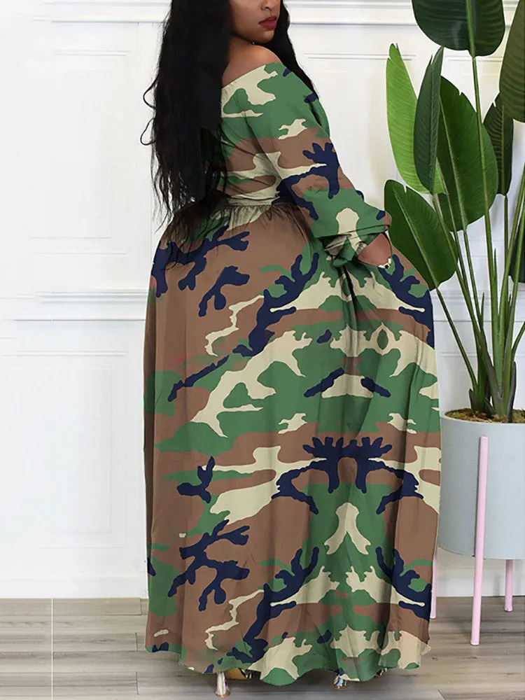 Printed Off Graceful Shoulder Maxi Dress