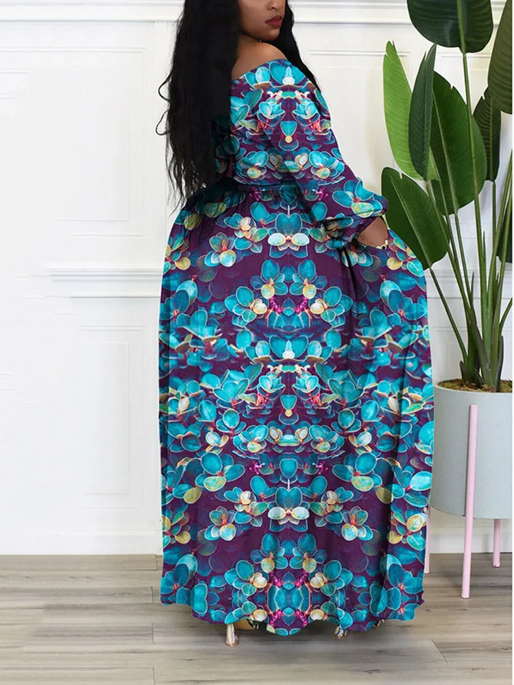 Printed Off Graceful Shoulder Maxi Dress