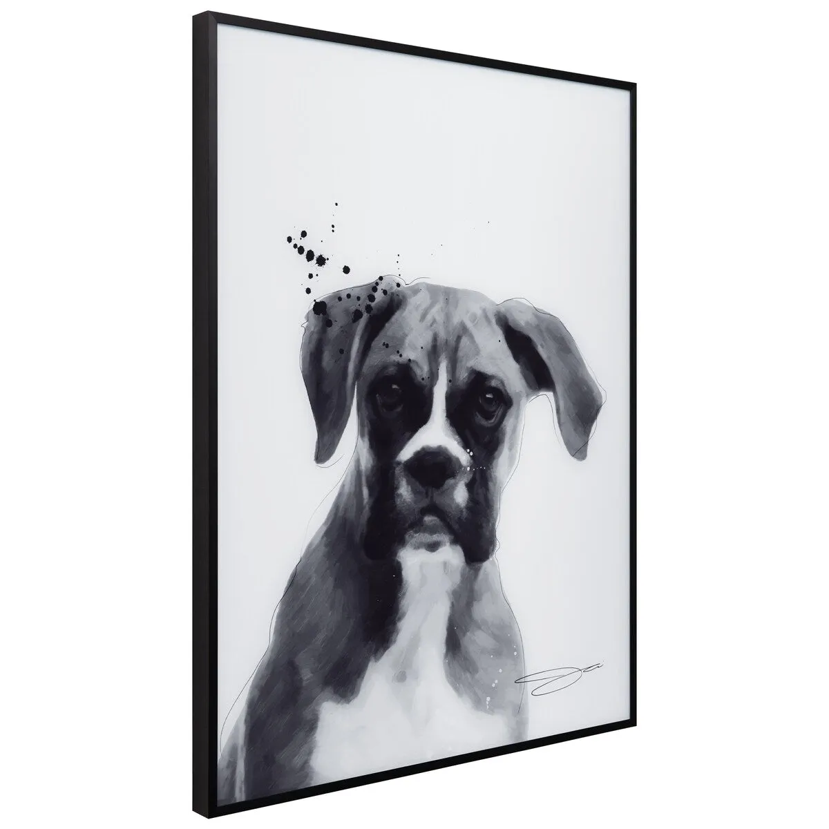 "Boxer" Black and White Pet Art on Printed Glass Encased with a Black Anodized Frame