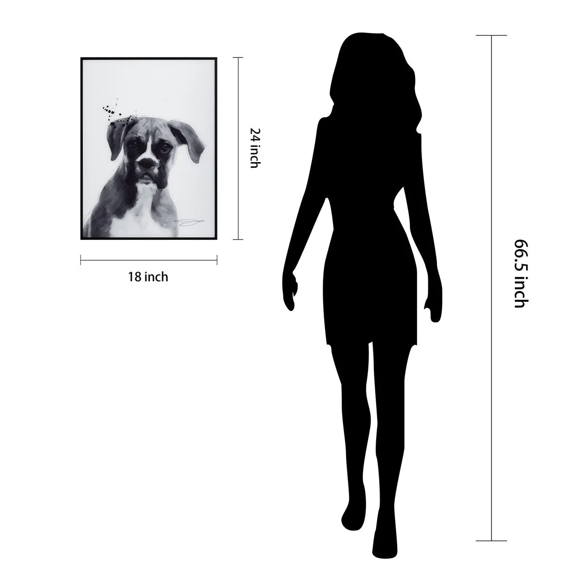 "Boxer" Black and White Pet Art on Printed Glass Encased with a Black Anodized Frame
