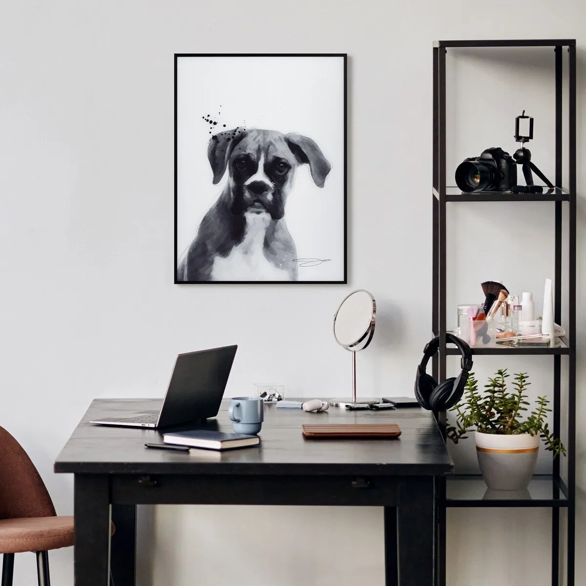 "Boxer" Black and White Pet Art on Printed Glass Encased with a Black Anodized Frame