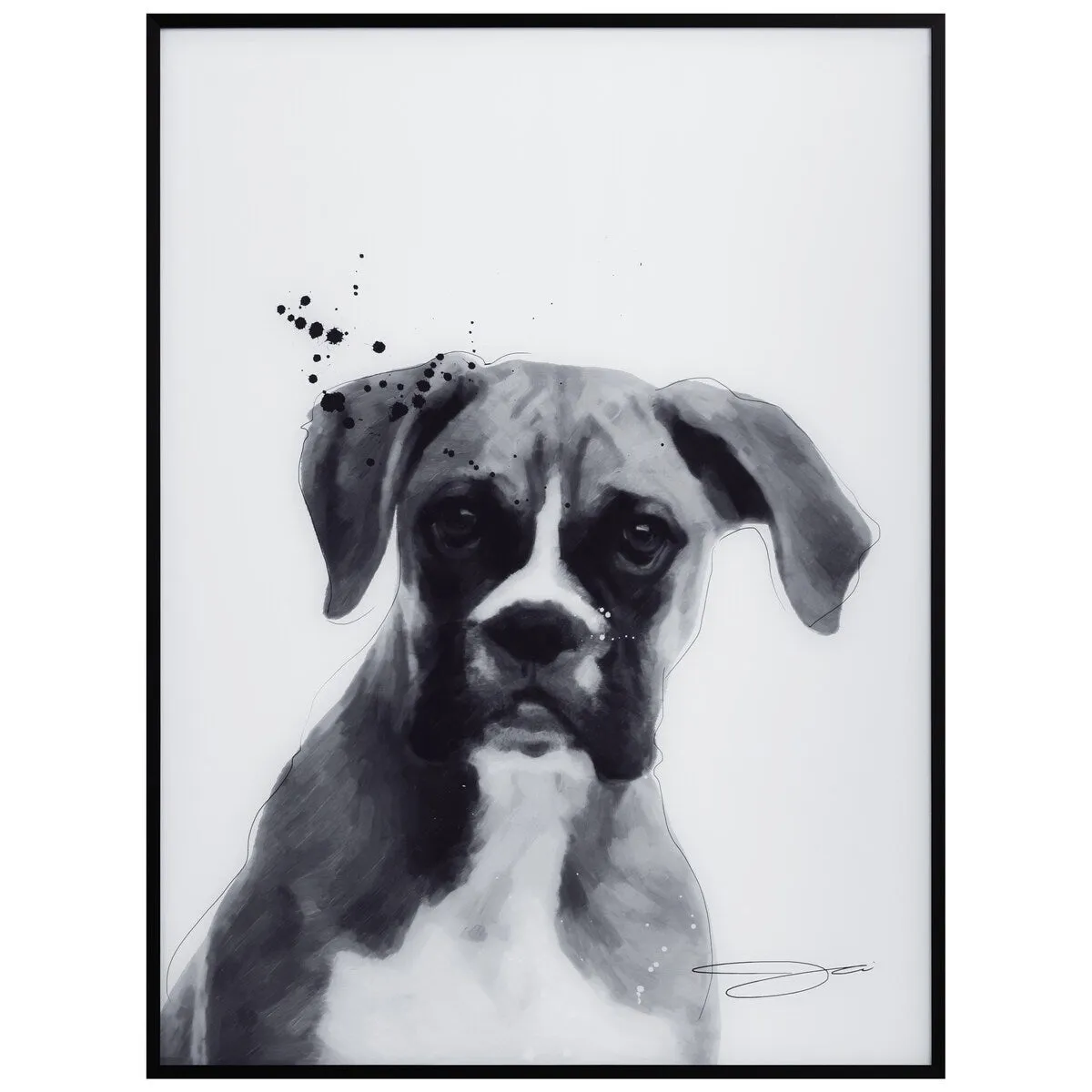 "Boxer" Black and White Pet Art on Printed Glass Encased with a Black Anodized Frame