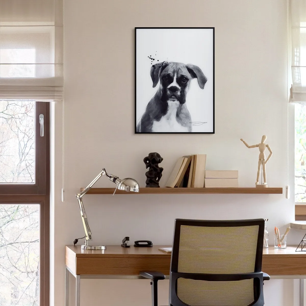 "Boxer" Black and White Pet Art on Printed Glass Encased with a Black Anodized Frame