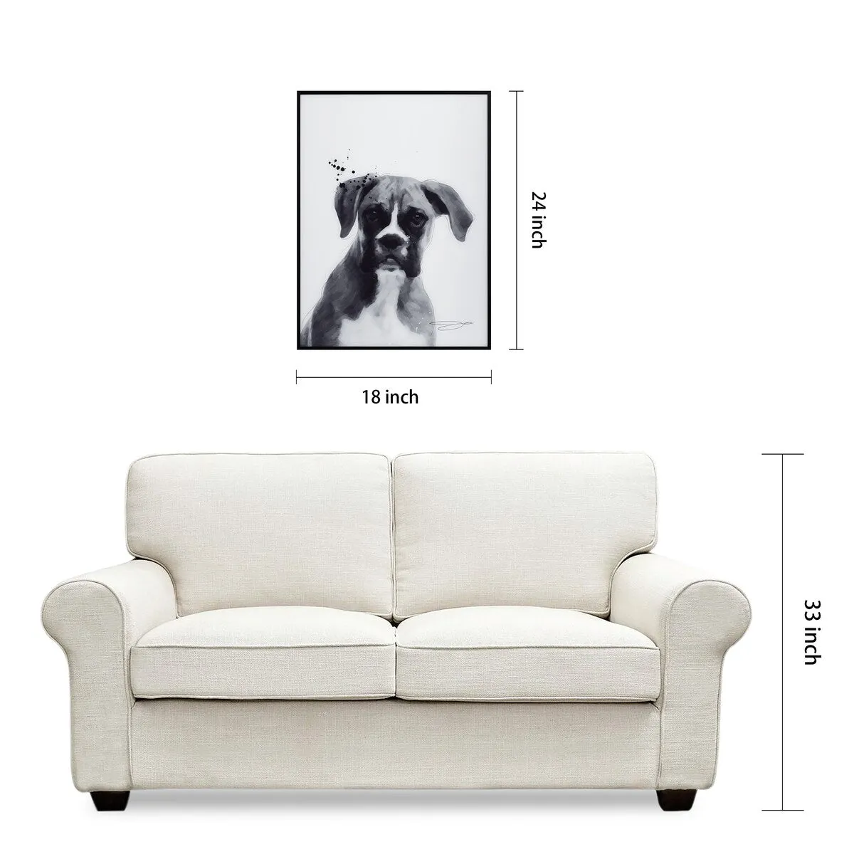 "Boxer" Black and White Pet Art on Printed Glass Encased with a Black Anodized Frame