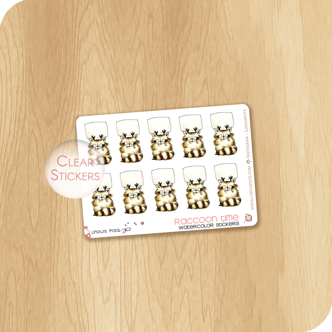 Raccoons Collection - Watercolor Planner Stickers MINI - 10 Raccoons with Placard
