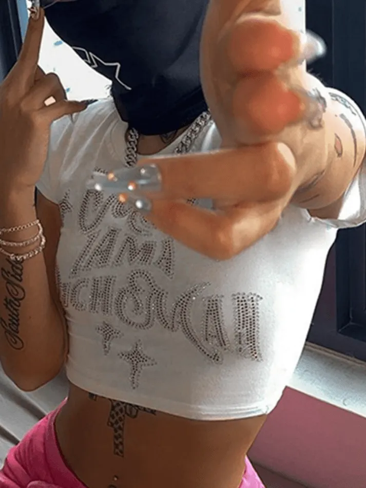 Rhinestone Letter Graceful Cropped Tank Top