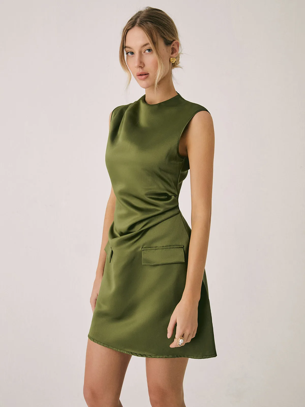 Satin Crew Graceful Neck Short Dress