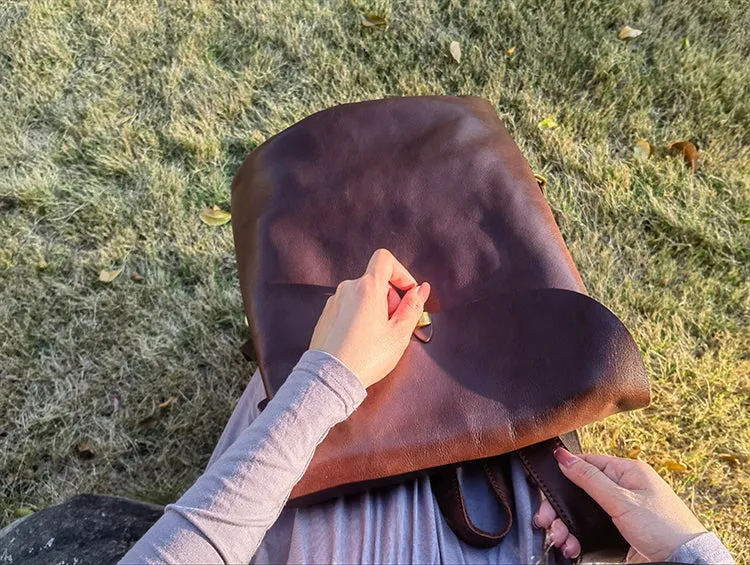 Simple Coffee Leather Backpack for Women
