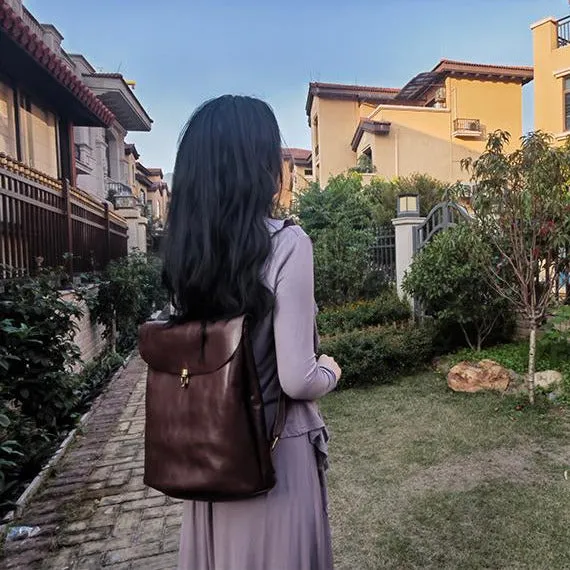 Simple Coffee Leather Backpack for Women
