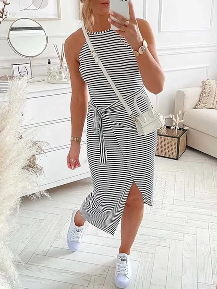 Sleeveless Striped Graceful Knit Maxi Dress