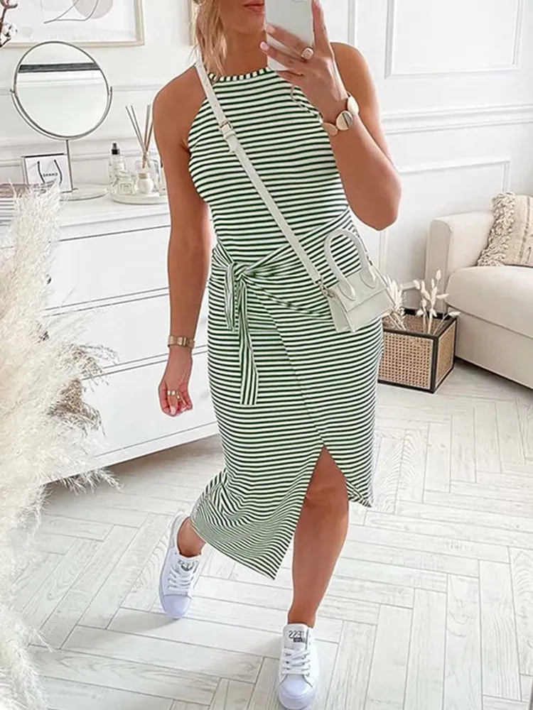 Sleeveless Striped Graceful Knit Maxi Dress