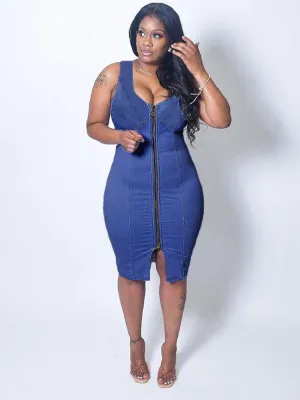 Sleeveless Zipper Graceful Ruffles Denim Dress
