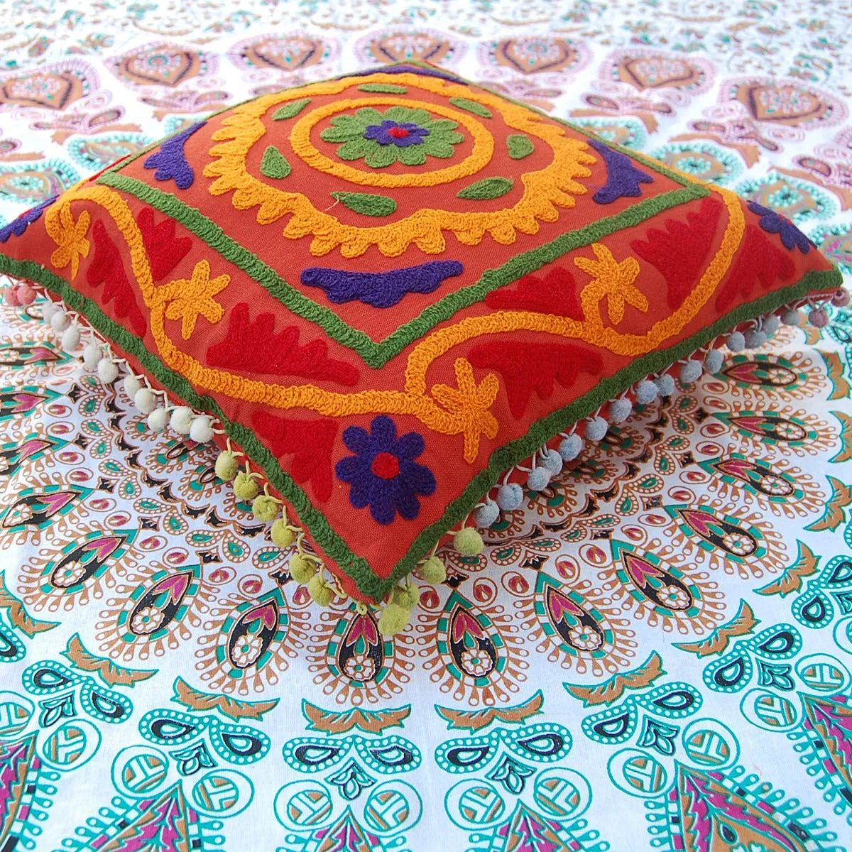 Suzani Embroidered Cushion Covers Uzbek Cotton Pillow Case - CraftJaipur