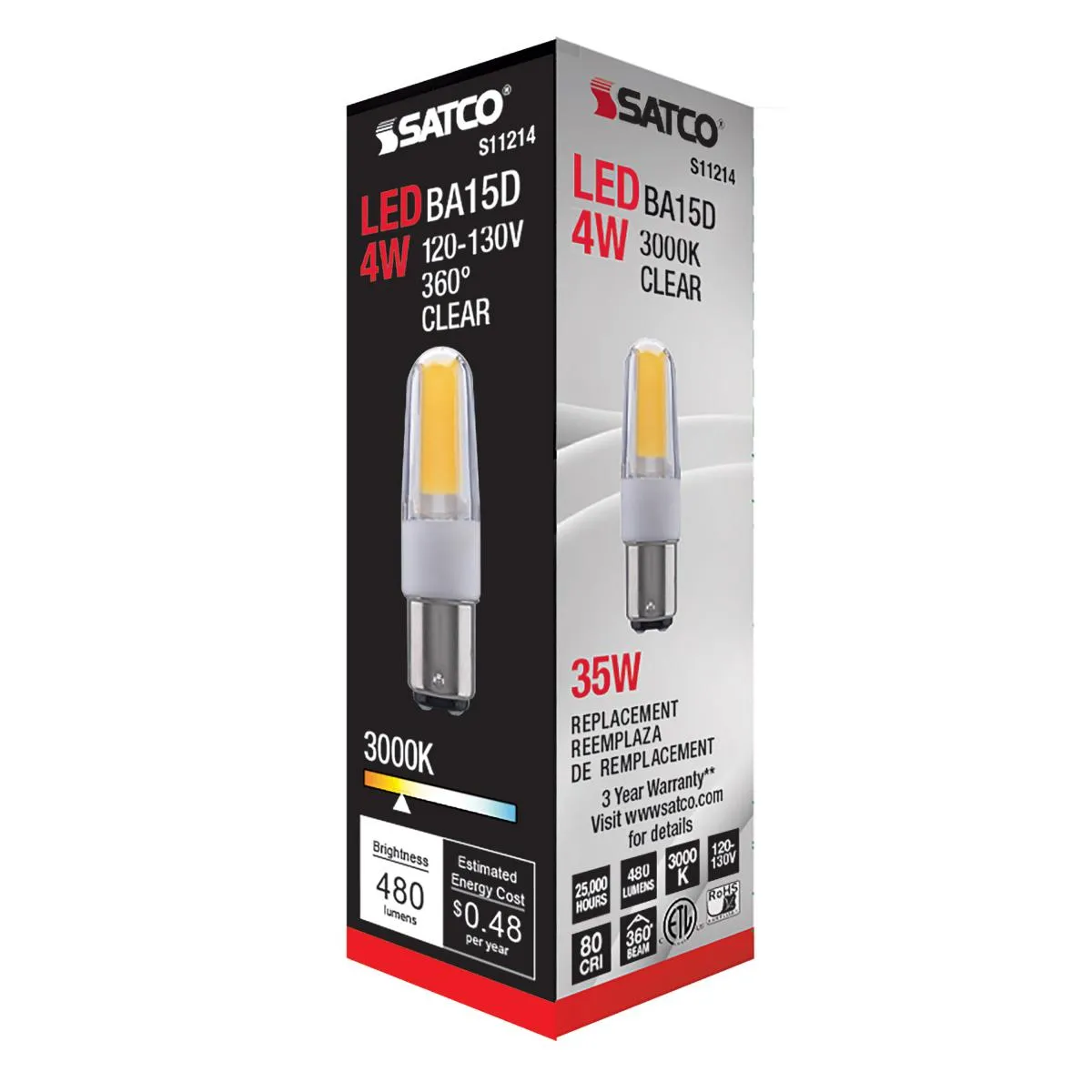 T4 Mini LED Bulb, 4 Watt, 480 Lumens, 3000K, BA15d Double Bayonet Base