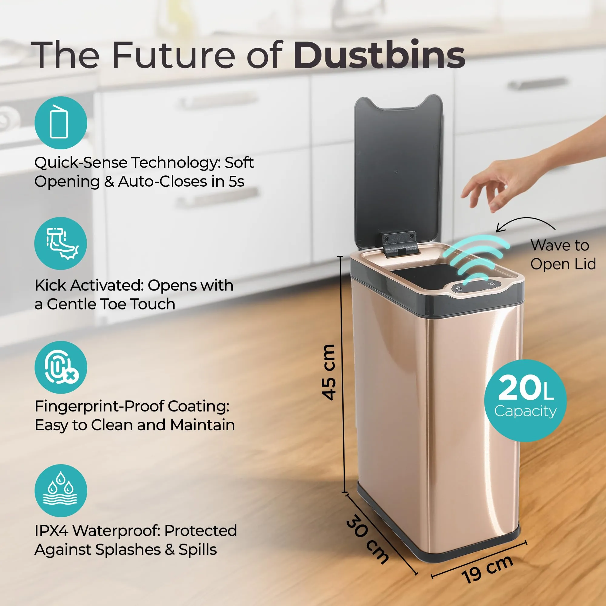 The Better Home 20L Dustbin For Kitchen | Dustbin For Bathroom | 45cm Automatic Smart Sensor Dustbin For Bedroom | Steel Dustbin With Lid | Dustbin For Office | Garbage Bin - Golden