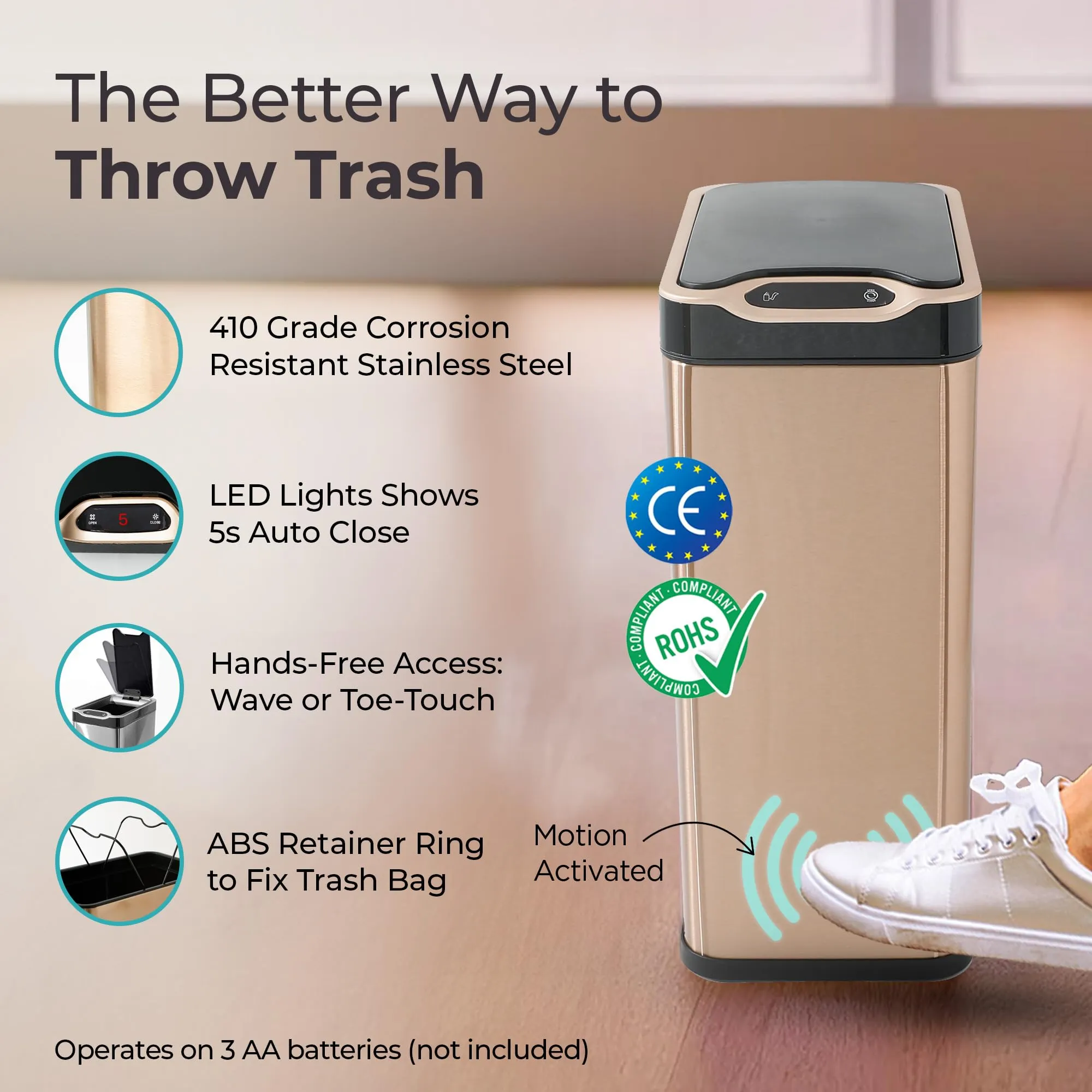 The Better Home 20L Dustbin For Kitchen | Dustbin For Bathroom | 45cm Automatic Smart Sensor Dustbin For Bedroom | Steel Dustbin With Lid | Dustbin For Office | Garbage Bin - Golden
