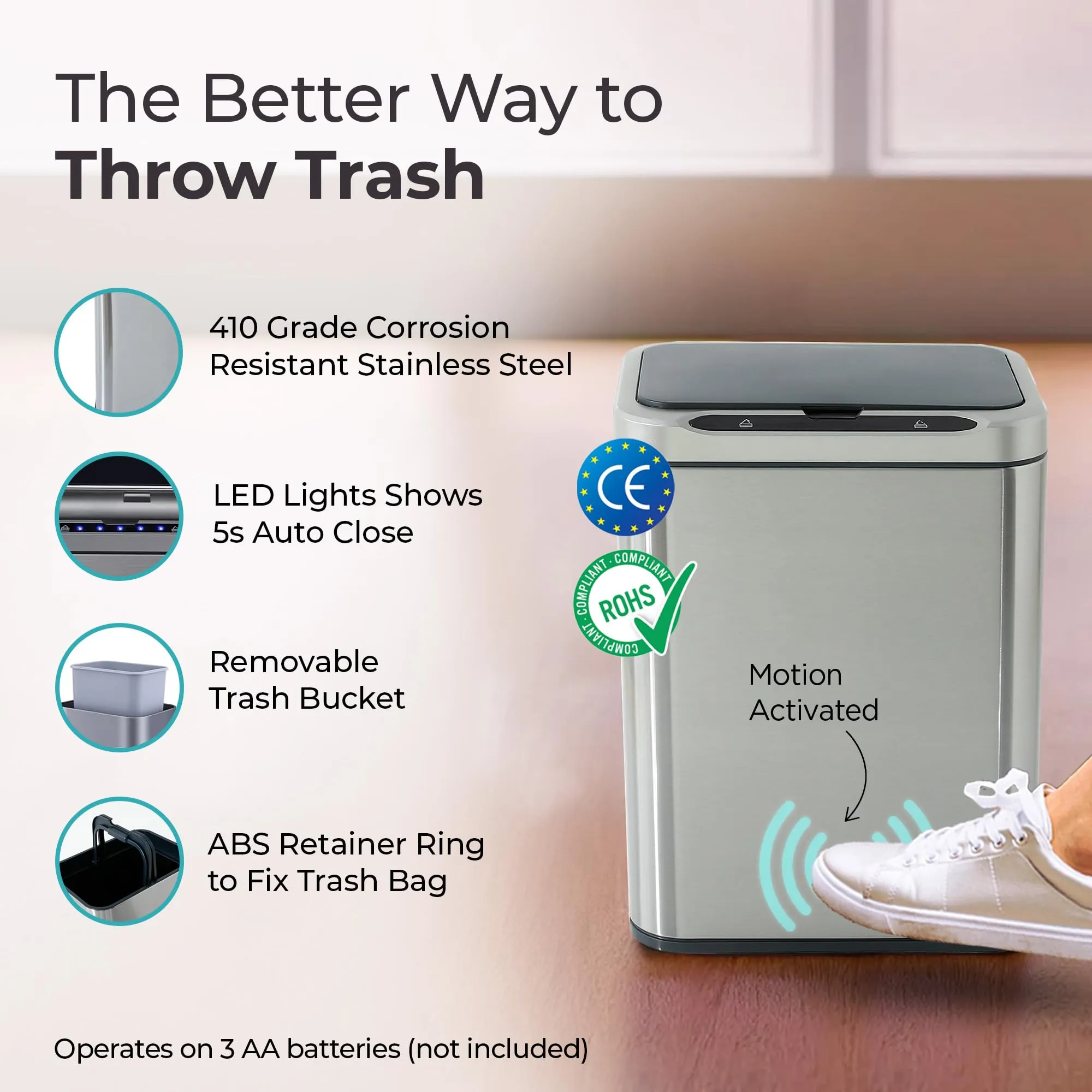 The Better Home 9L Dustbin For Kitchen | Dustbin For Bathroom | 33cm Automatic Smart Sensor Dustbin For Bedroom | Steel Dustbin With Lid | Dustbin For Office | Garbage Bin - Silver