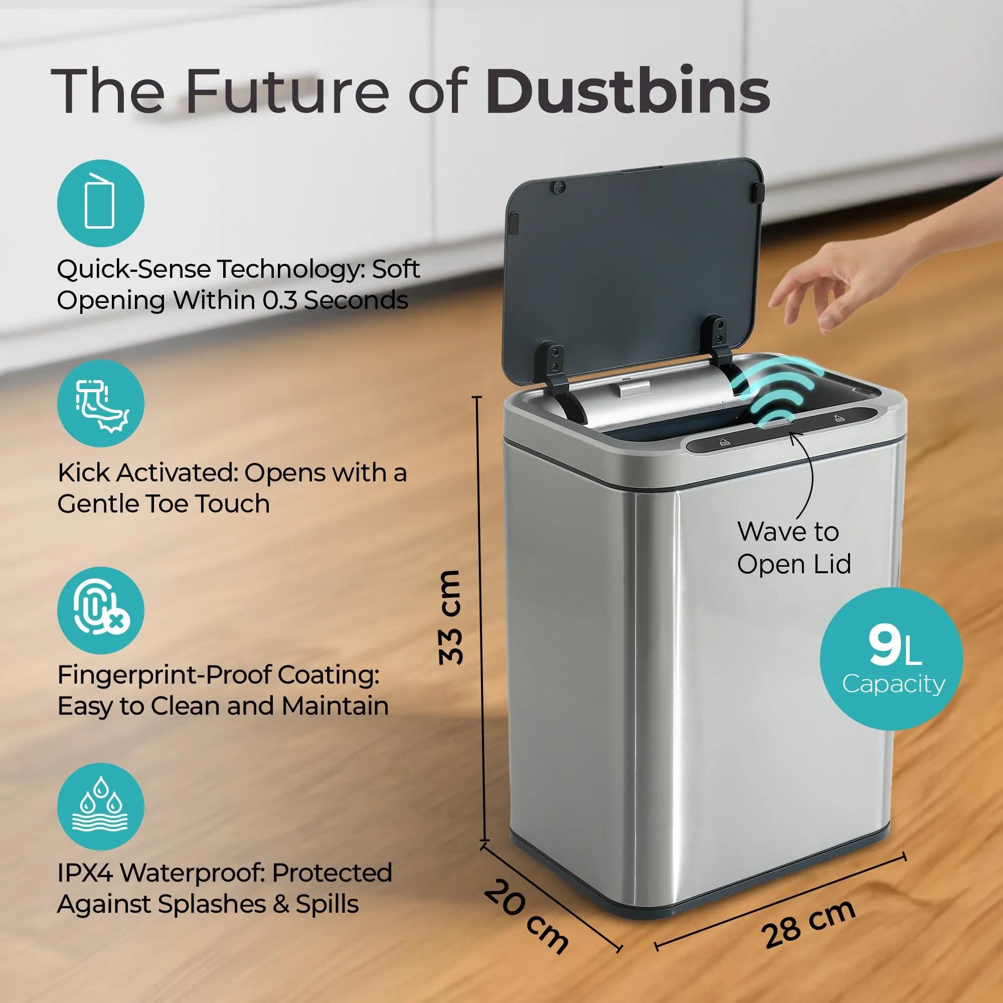 The Better Home 9L Dustbin For Kitchen | Dustbin For Bathroom | 33cm Automatic Smart Sensor Dustbin For Bedroom | Steel Dustbin With Lid | Dustbin For Office | Garbage Bin - Silver