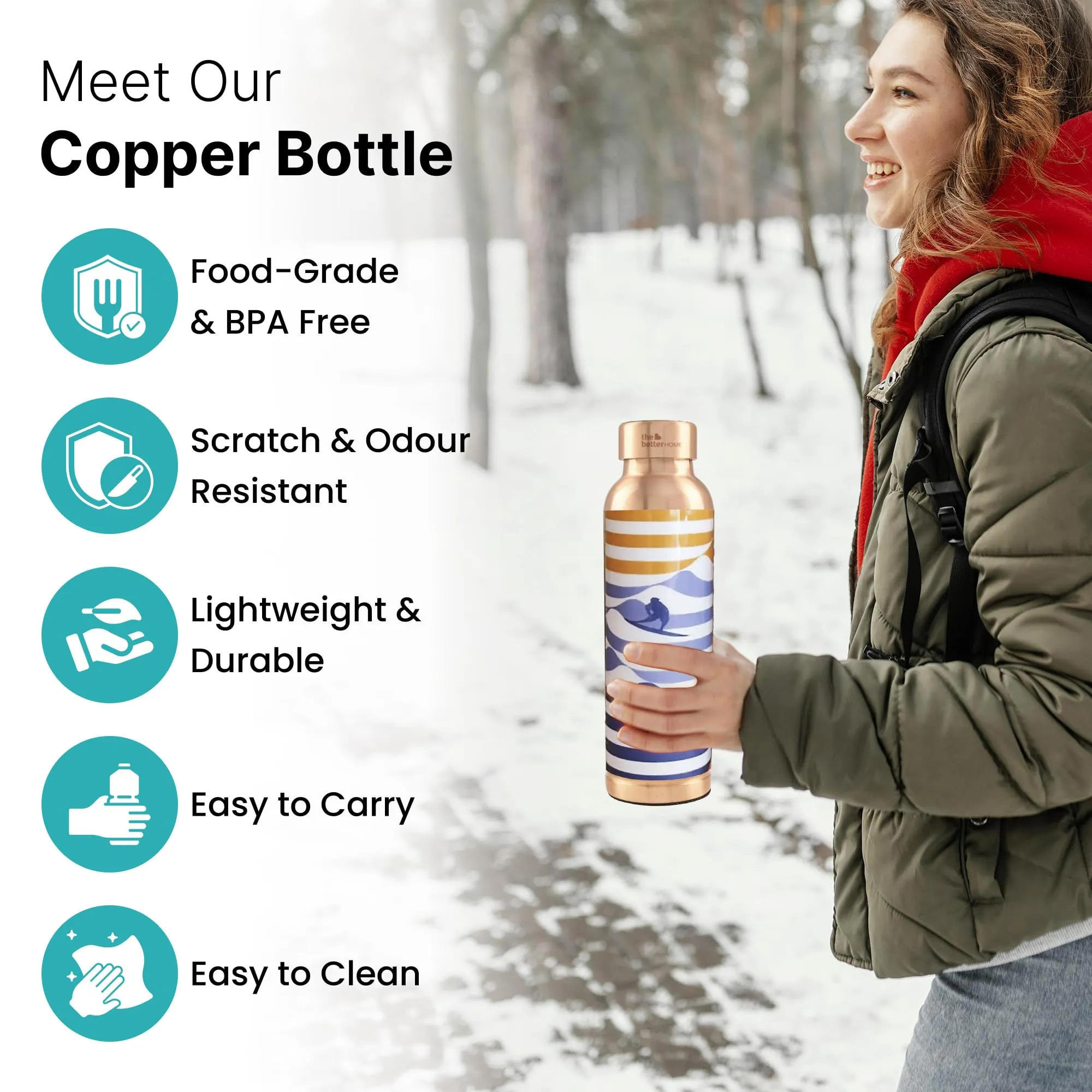 The Better Home Copper Water Bottle 950ml | Printed Copper Bottle | Gym School Office Travel Home Use | Eco Friendly Nontoxic | Mentally Surfing