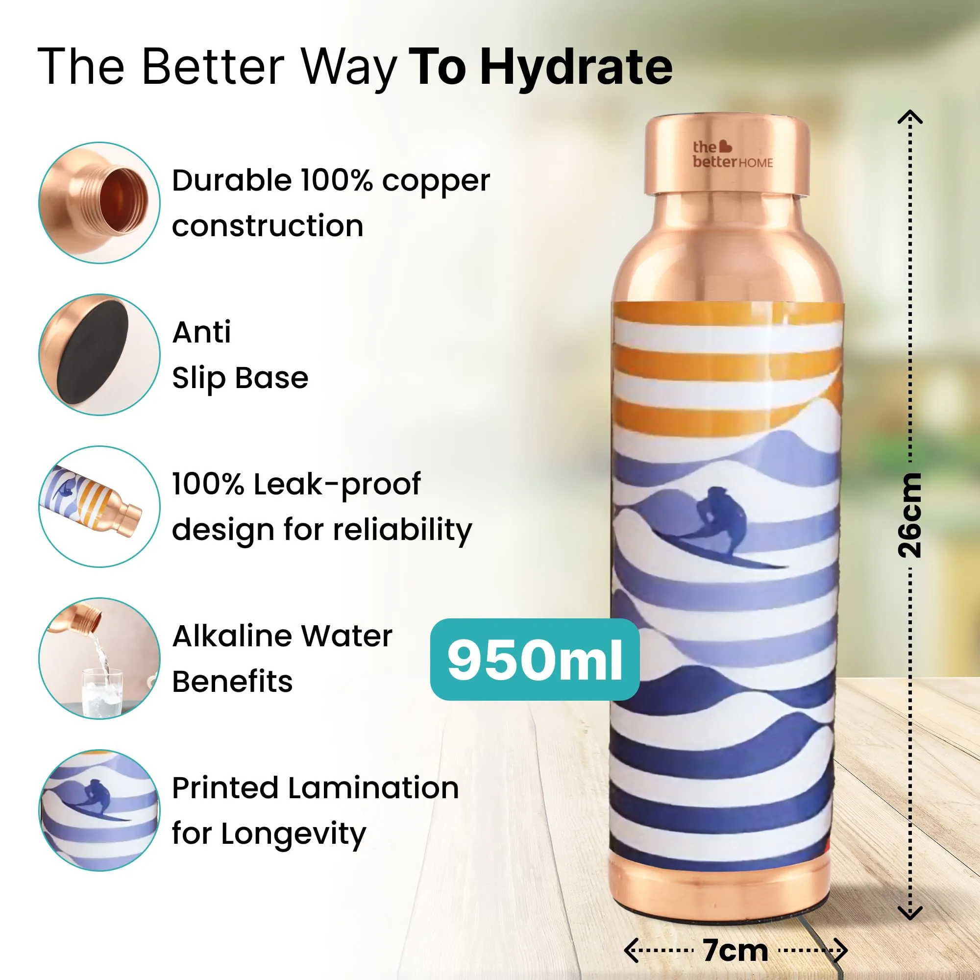 The Better Home Copper Water Bottle 950ml | Printed Copper Bottle | Gym School Office Travel Home Use | Eco Friendly Nontoxic | Mentally Surfing